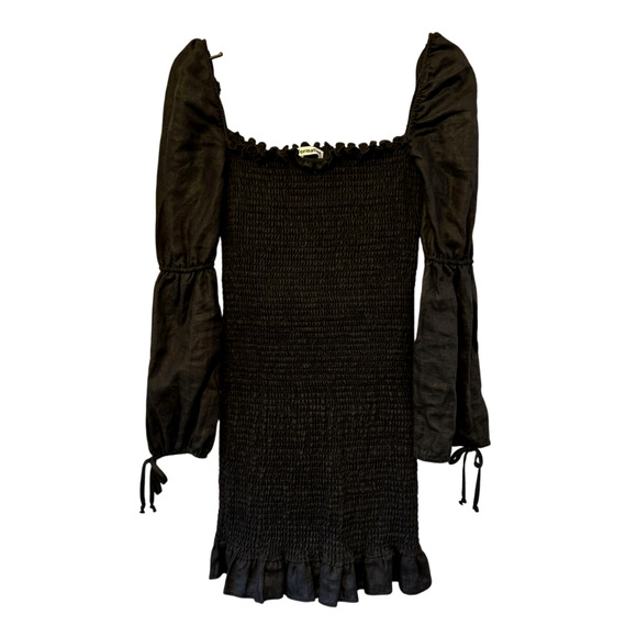 Reformation M Hilary 100% Linen Mini Dress Long Sleeve Bodycon Square Neck Black - Picture 2 of 8